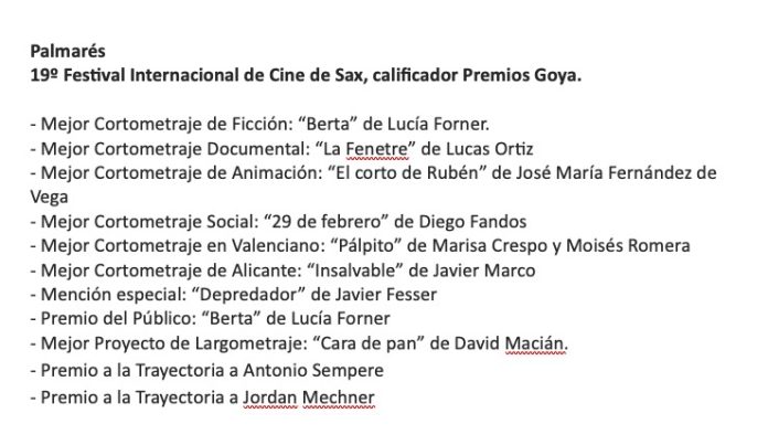 Palmarés del 19 Festival Internacional de Cine de Sax